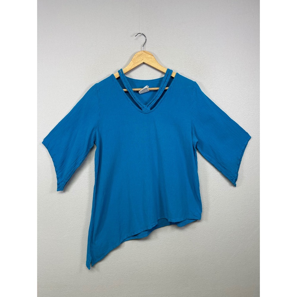 Boho Miss Aly Womens OS Blue Asymmetrical Strappy V-Neck Gauze Blouse‎ Top